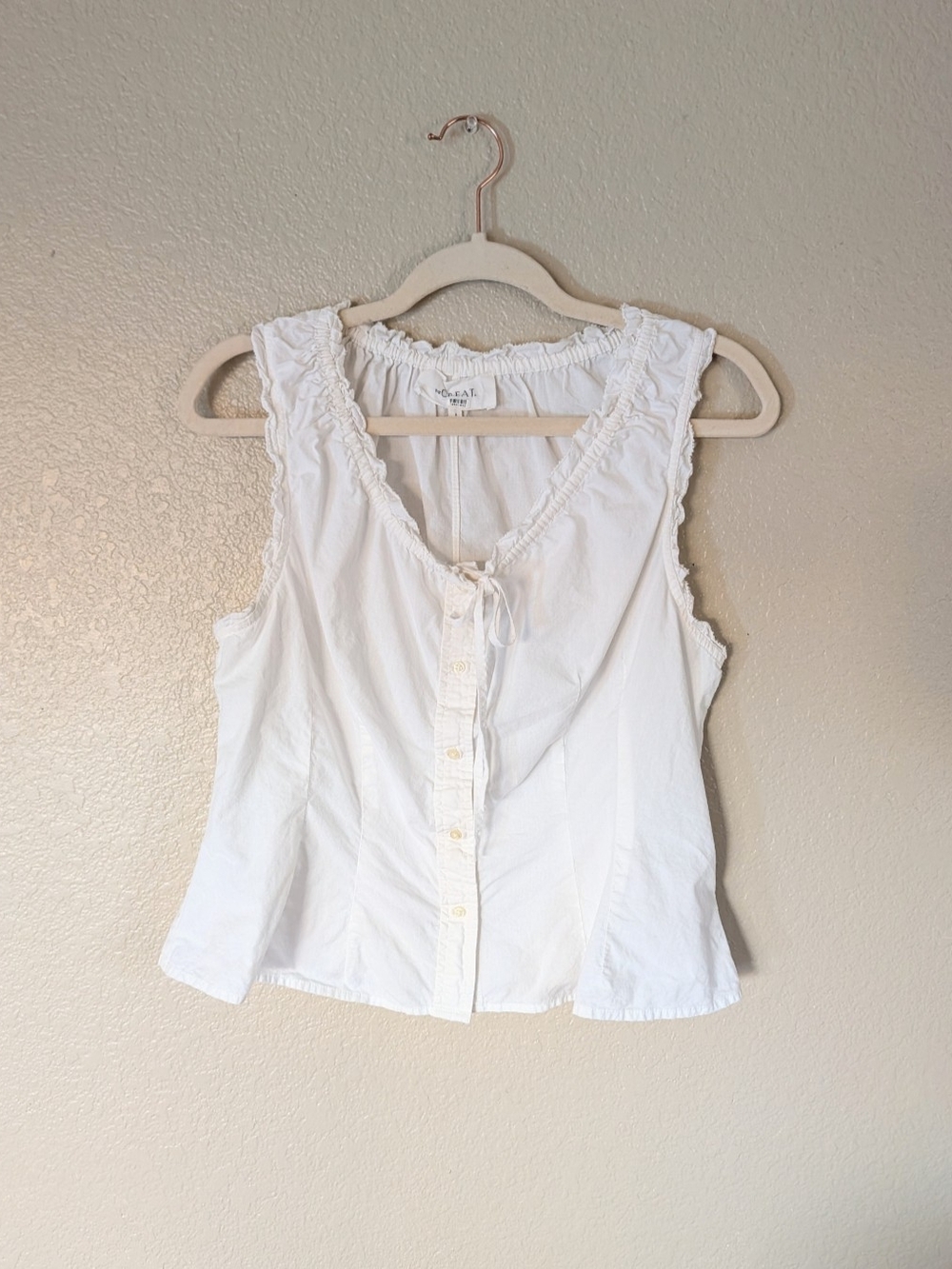 THE GREAT. Button Front Tank with Ruffle Trim